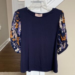 Philosophy Navy Top with Floral Puff Sleeves